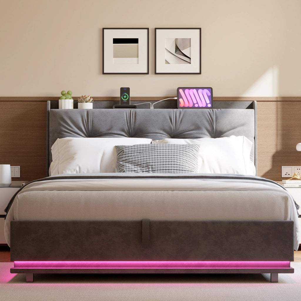Letto matrimoniale 160x200 cm con contenitore;struttura letto con testiera imbottita e rete a doghe  LED e USB  rivestimento in velluto -beige