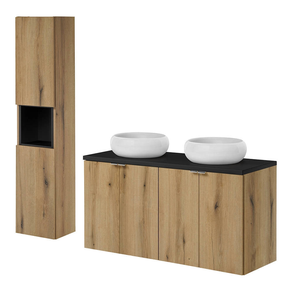 Set Pensile Newport da Bagno con Mobile a Colonna Mobile Sottolavabo 120x57x39 cm e 2 Lavabi in Ceramica - Effetto Rovere/Nero [en.casa]