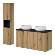 Set Pensile Newport da Bagno con Mobile a Colonna Mobile Sottolavabo 120x57x39 cm e 2 Lavabi in Ceramica - Effetto Rovere/Nero [en.casa]