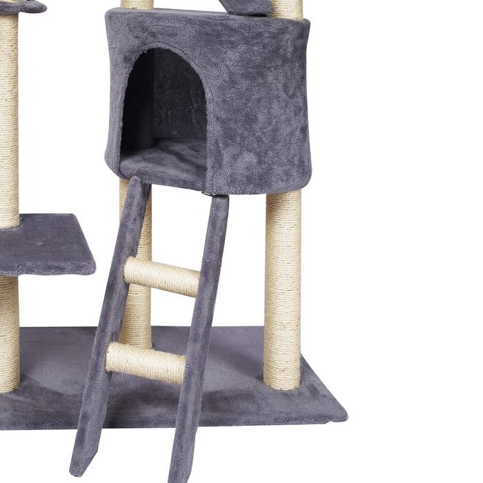 Albero tiragraffi grigio chiaro al soffitto con sisal 233-270 cm con amaca e casette per gatti