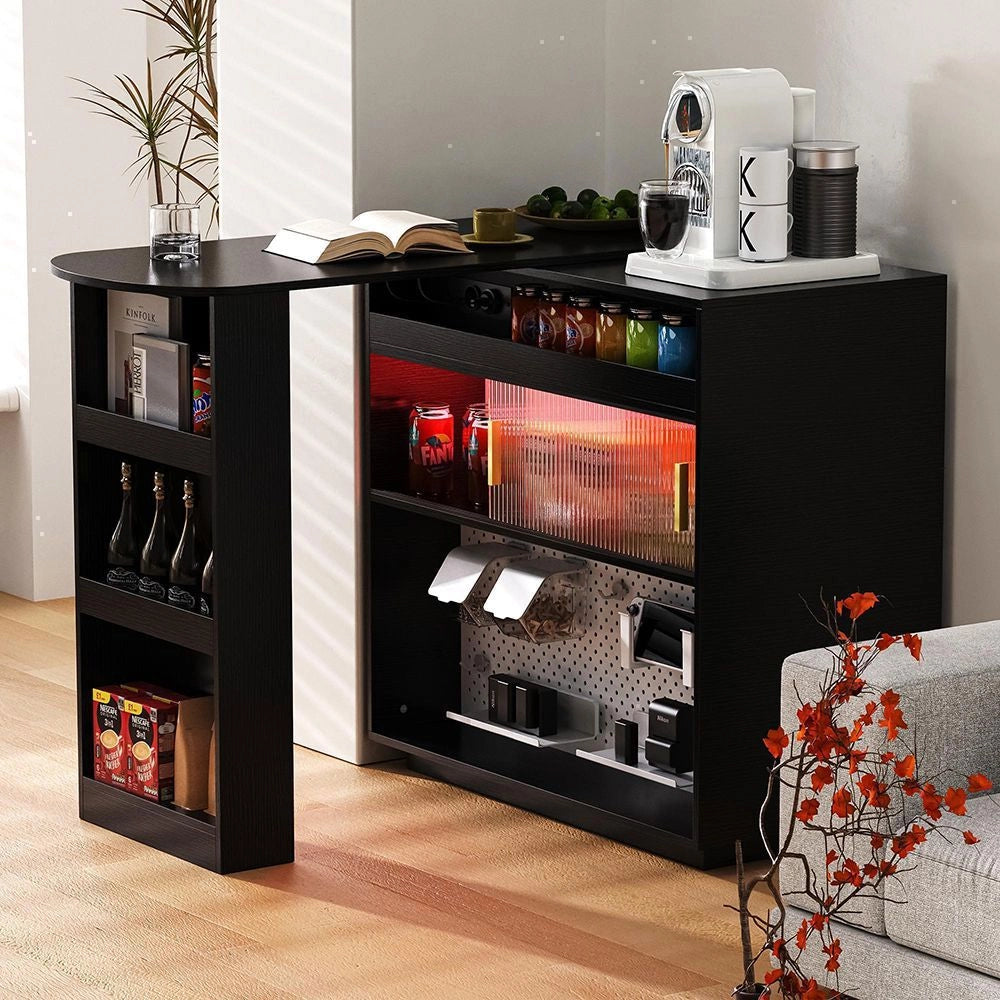 Tavolo bar estensibile girevole 360¡ã - Xylo - LED, spazio di archiviazione, buffet reversibile con pannello forato e prese elettriche, nero