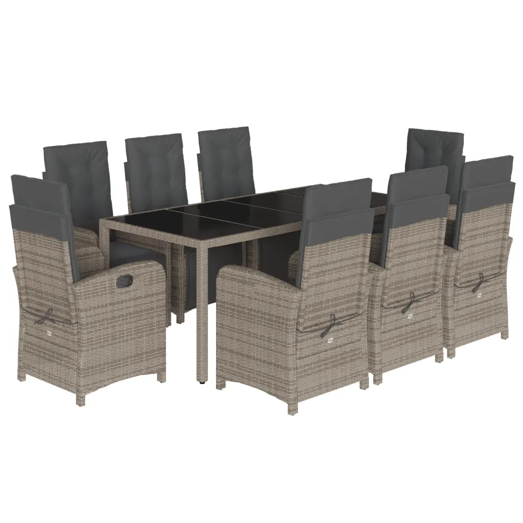 Set da Pranzo da Giardino 9 pz con Cuscini in Polyrattan Grigio