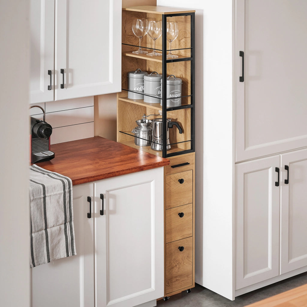 SoBuy Carrello Salvaspazio con Cassetti e Ruote, Mobiletto Multiuso per Cucina, Bagno e Lavanderia Naturale 20x40x170 cm NSR13-N