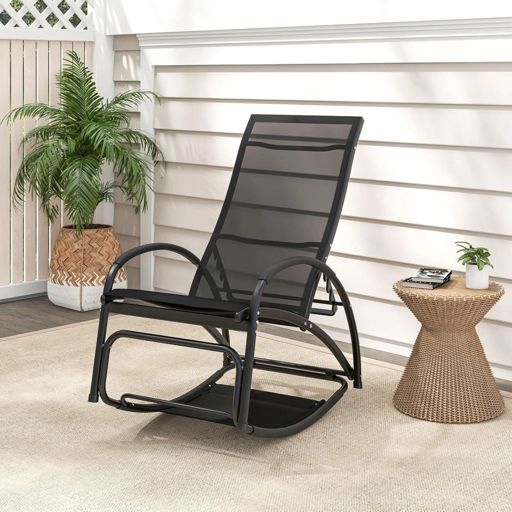Sedia a Dondolo 2 in 1 da Giardino, Lettino Prendisole Convertibile con Schienale Regolabile a 4 Posizioni, Braccioli Curvi e Telaio in Alluminio, per Patio e Piscina, Portata 150 kg (Nero)