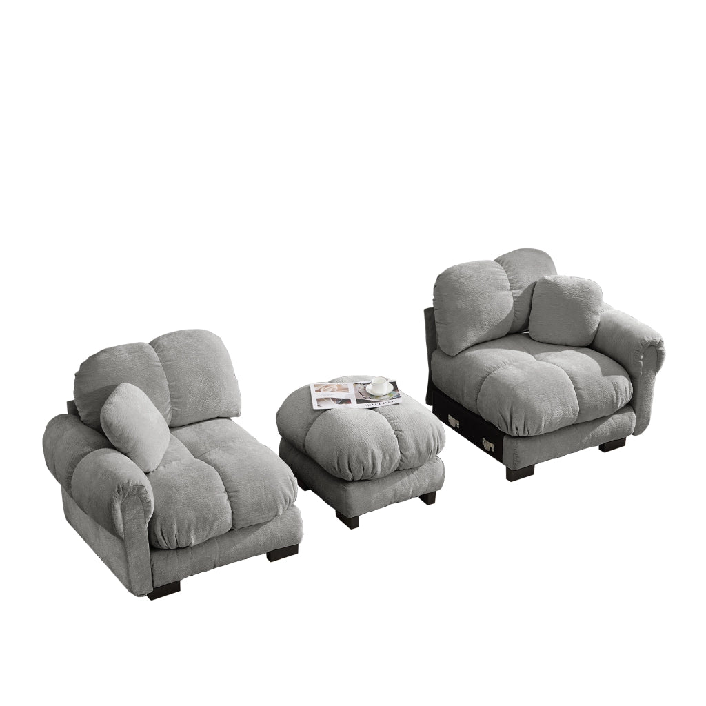 Divano angolare 2 posti con pouf mobile e seduta trapuntata in chenille grigio chiaro 190 × 149 × 90 cm