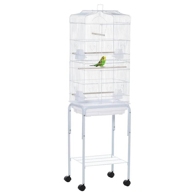 GABBIA PER UCCELLI, VOLIERA IN METALLO E ACCIAIO CON RUOTE, TRESPOLI E CIOTOLE, 46.5X36X157CM - BIANCO