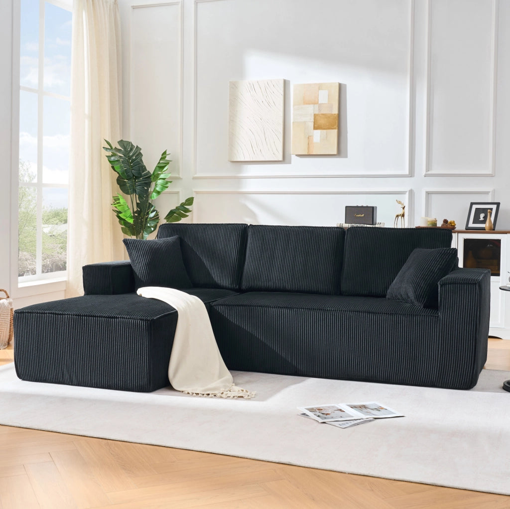 Sofa modulare a L con chaise longue; in velluto a coste nero; 235 x 128 x 60 cm