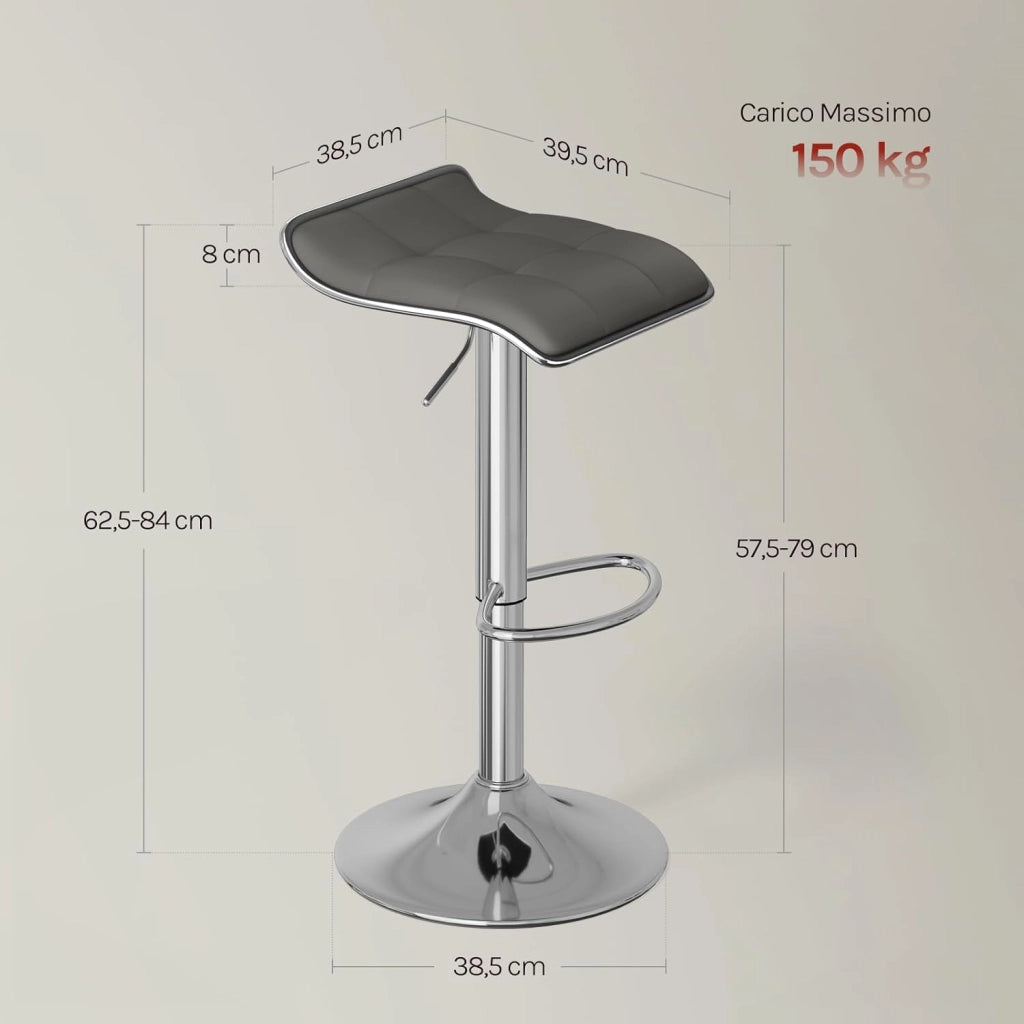Sgabelli da Cucina Set di 2, Sgabelli da Bar, Altezza Regolabile, Girevoli a 360°, PU, Struttura in Metallo, Soggiorno, Bar, Caffè, Grigio