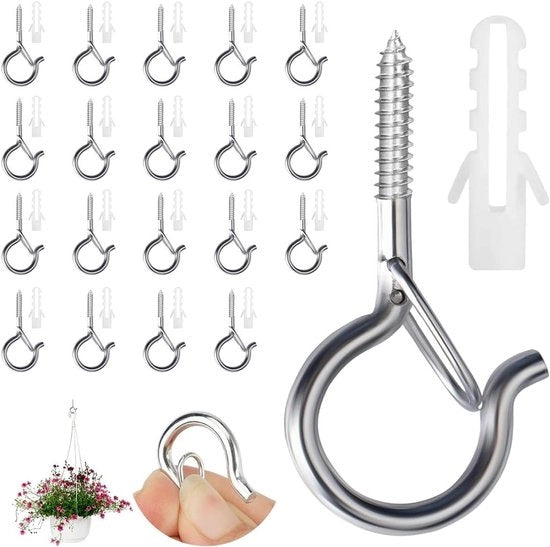 Set di 20 Ganci a Viti in Acciaio Inossidabile con Fusibile per Cestini di Piante e Campane da Ventaglio
