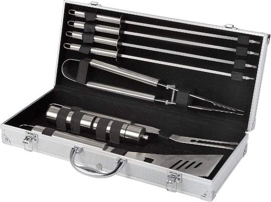 Set di utensili per barbecue e griglia - forchetta - lama - spatola - contenitore di sale - macinatore di pepe - acciaio inossidabile