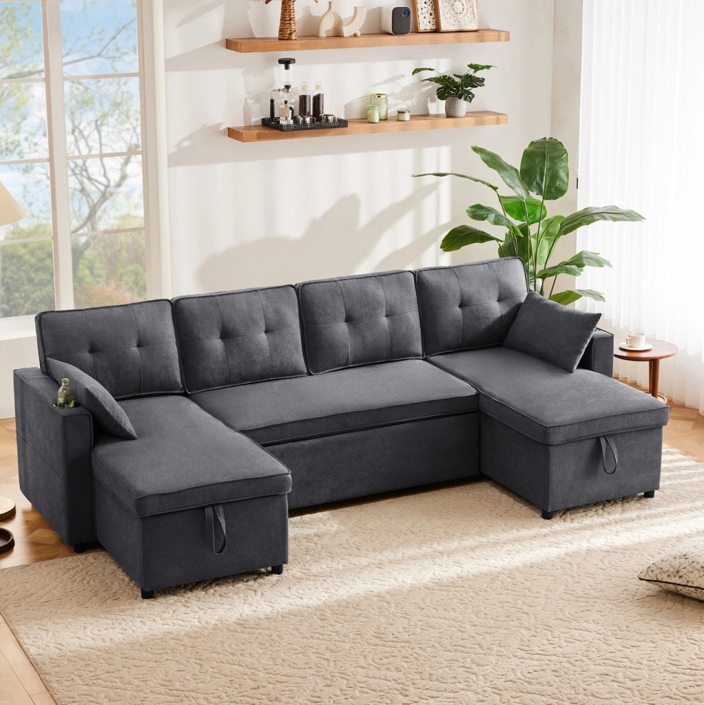 Divano letto a U trasformabile grigio con contenitori, portabevande e cuscini inclusi per riposare