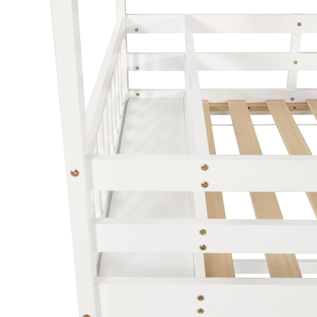 Letto a castello per bambini con scivolo, 3 posti letto e tetto bianco 90x200 cm