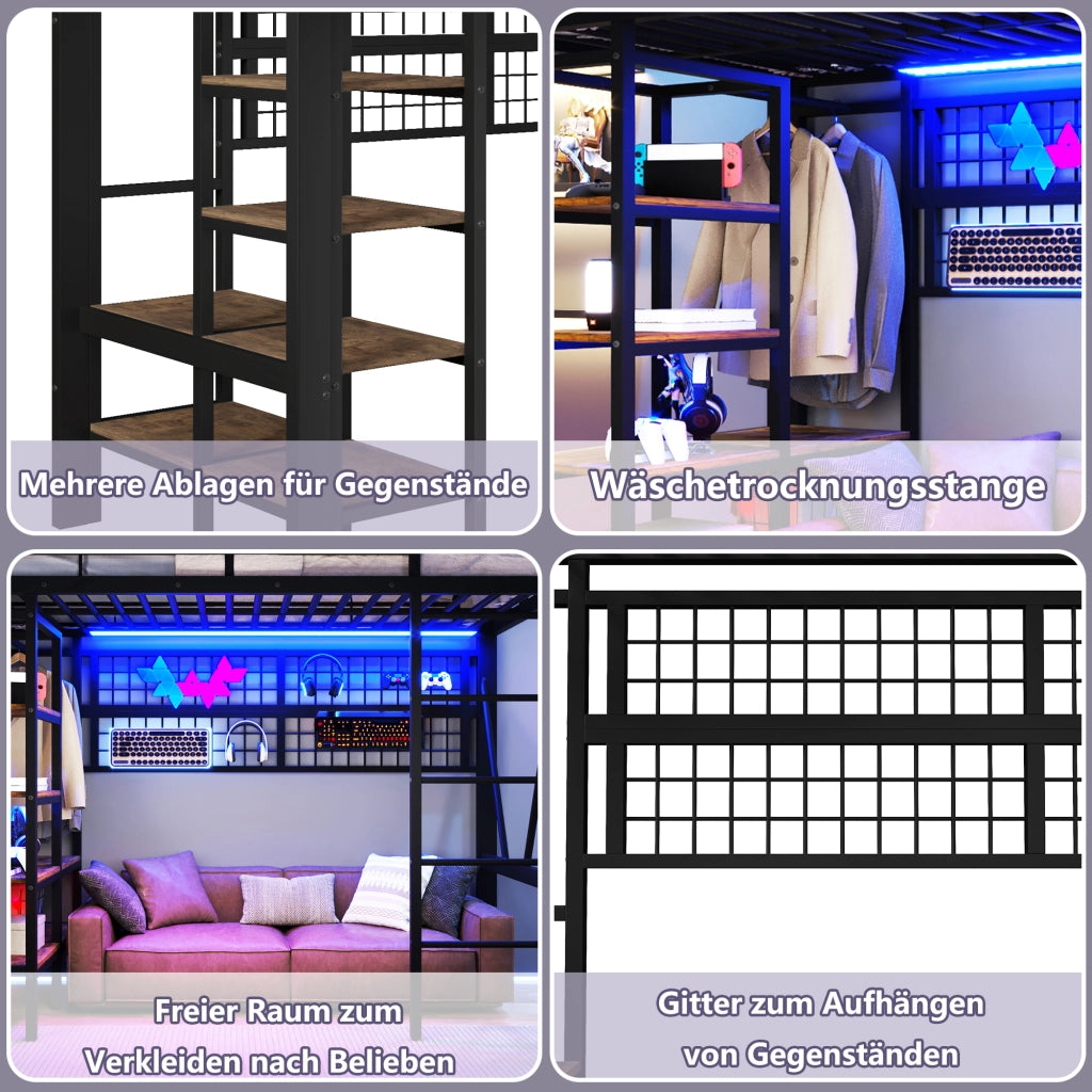 DESMIU Letto a soppalco singolo con mensola, rete portaoggetti e LED regolabile, 90 × 200 cm, senza materasso
