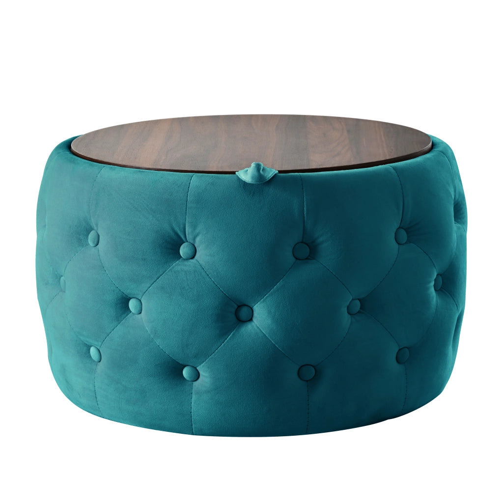 Pouf contenitore in velluto con vano portaoggetti e vassoio in legno blu 58 × 58 × 38 cm