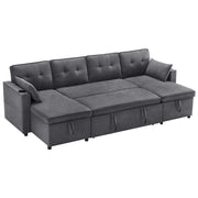 Divano Letto a U con Contenitori; Portabicchieri e Tasche Laterali; in Cotone e Lino; Grigio 270 × 130 × 86 cm