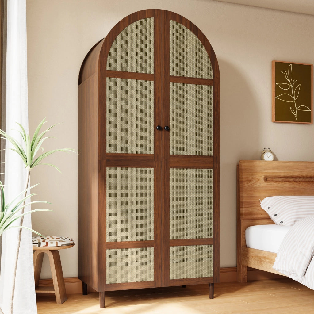 Armadio con ante curve e inserto in rattan, 1 asta appendiabiti, cassetti, per ingresso e camera, 80 × 50 × 179 cm