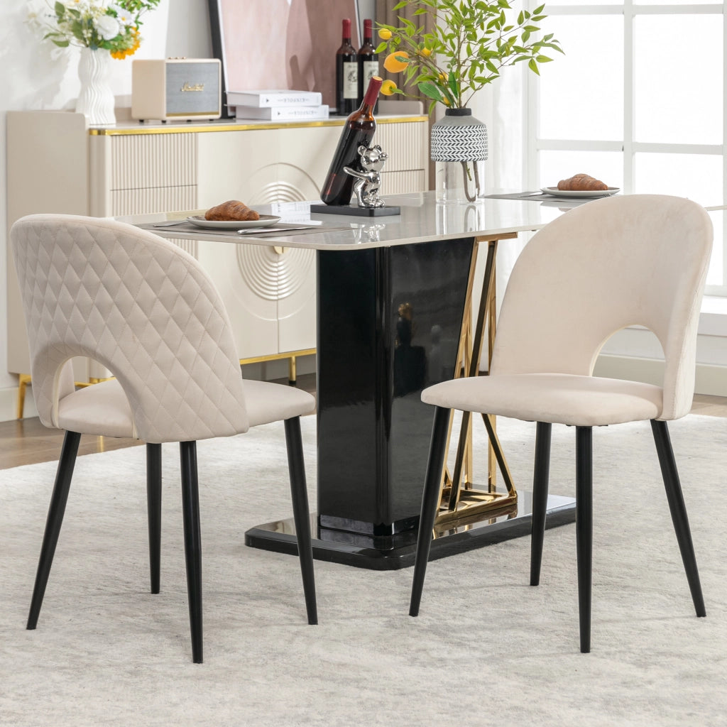 Sedia da sala da pranzo set da 2 con schienale in velluto imbottita e gambe regolabili in metallo motivo a rombi beige