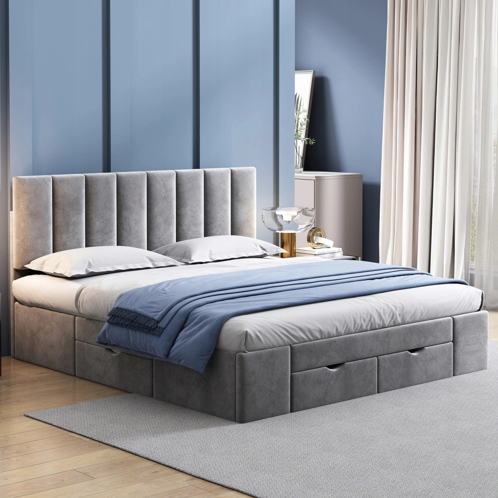 Letto imbottito 160x200 - Xylo - Grigio velluto, 4 cassetti