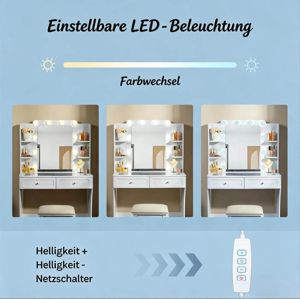 Tavolo da trucco con specchio LED e piano in vetro temperato 80x135x40 cm; bianco