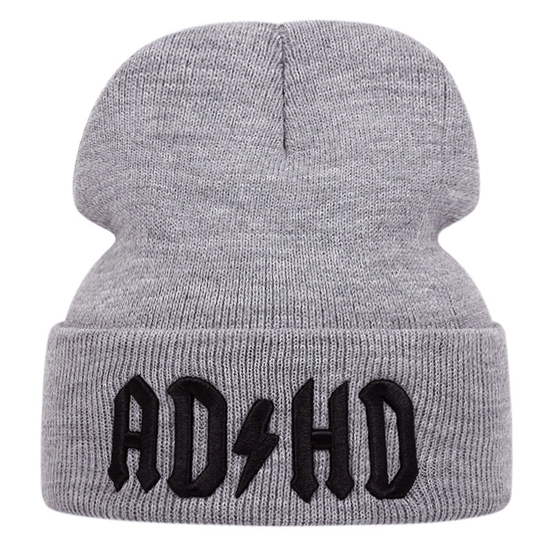 Cappelli invernali caldi lavorati a maglia con ricamo ADHD, colore grigio.