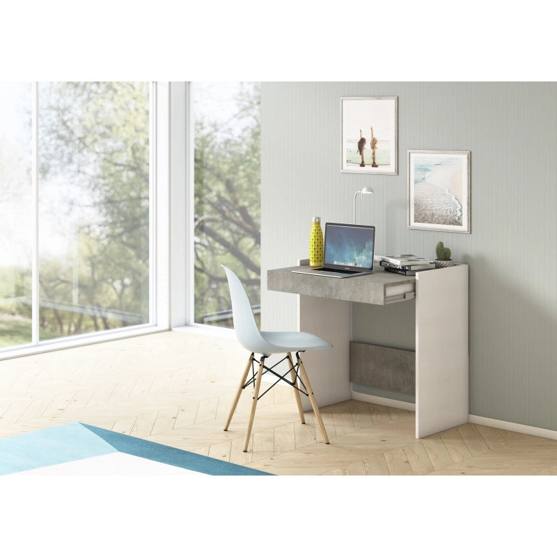 Scrivania home office 80x40 con cassetto e ripiano estensibile piano cemento bianco - Terraneo