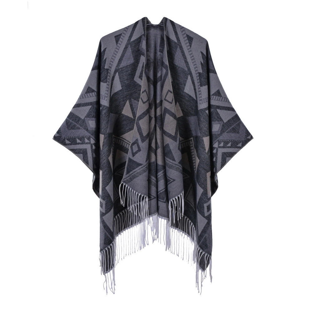 Sciarpa/mantella da donna con spacco e nappe, double face, in cashmere, spessa, calda, taglia grande