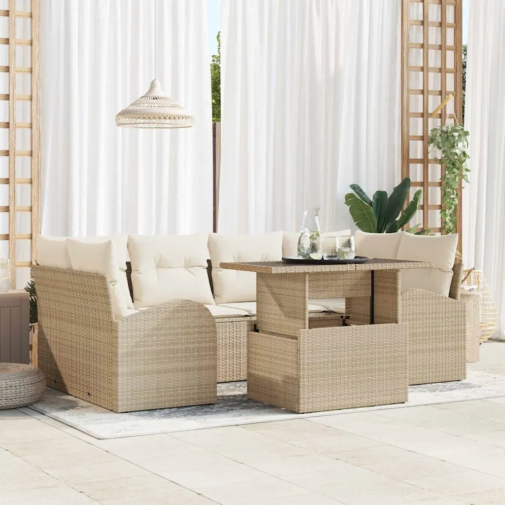 Set Divano da Giardino con cuscino 7 pcs Beige Poly Rattan