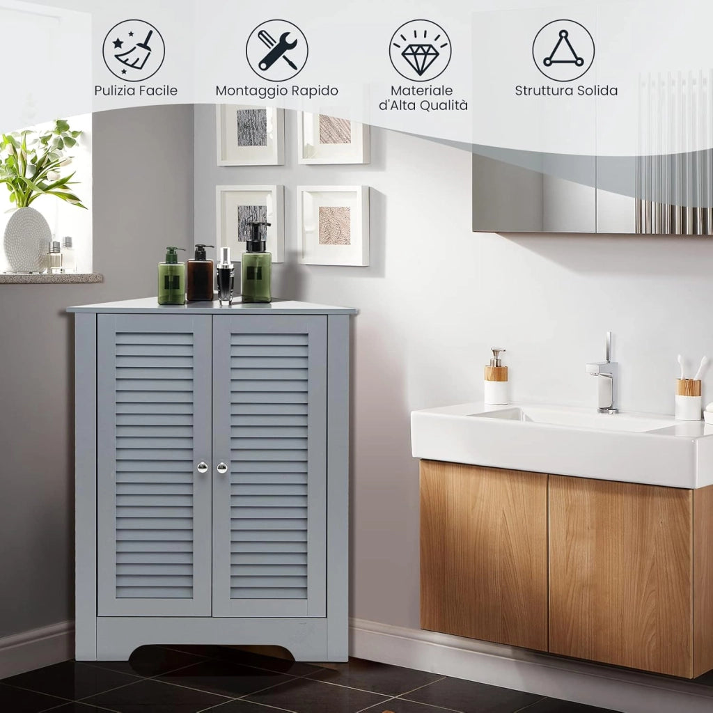 Mobile Angolare, Armadietto ad Angolo con 3 Livelli Ripiani, con 2 Ante e Ripiano Regolabile in Altezza, per Bagno, Ingresso, Soggiorno, Camera da Letto (Grigio)