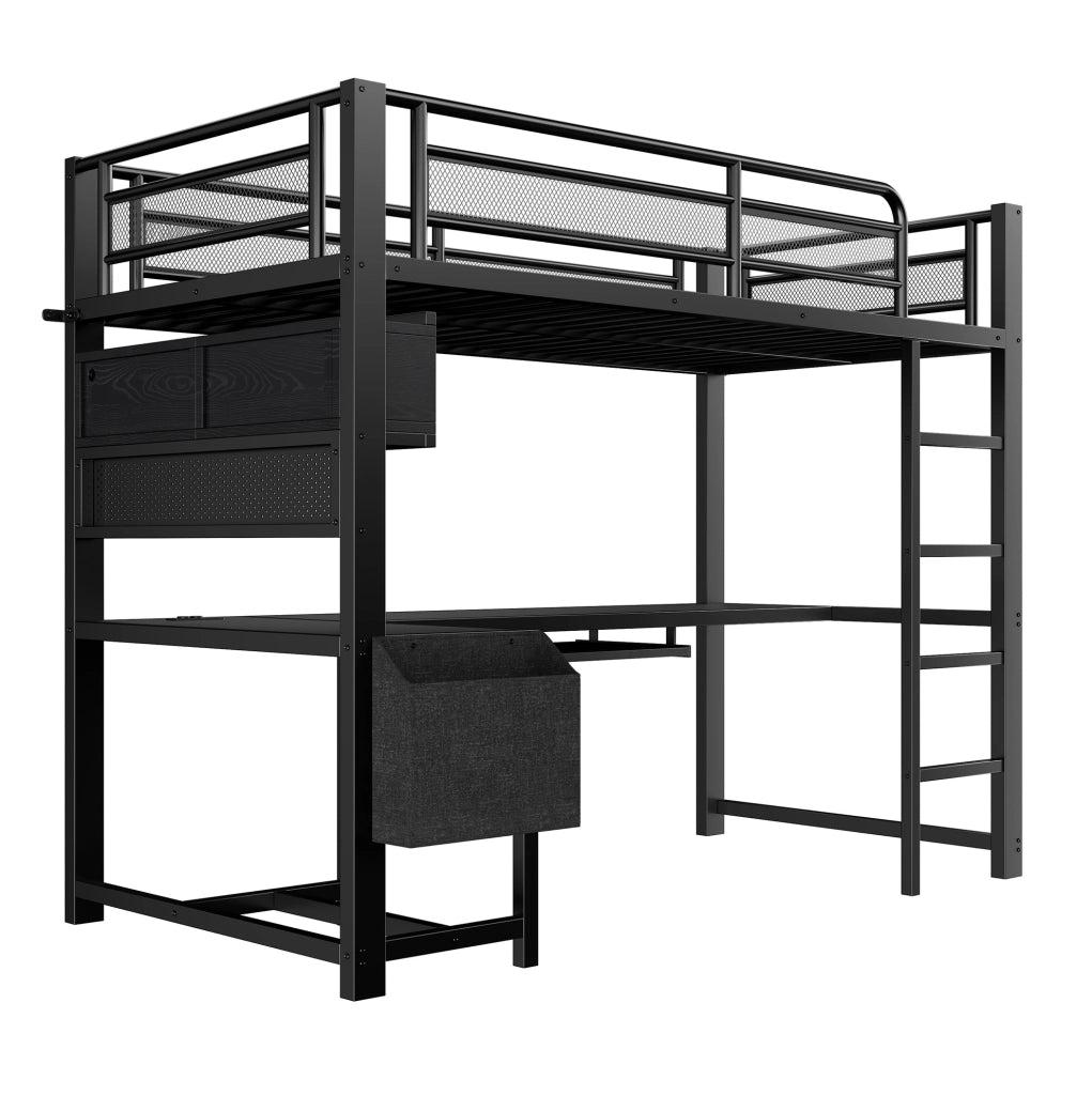 Letto a soppalco 90x200 cm con scrivania; LED e presa di ricarica in MDF e metallo nero
