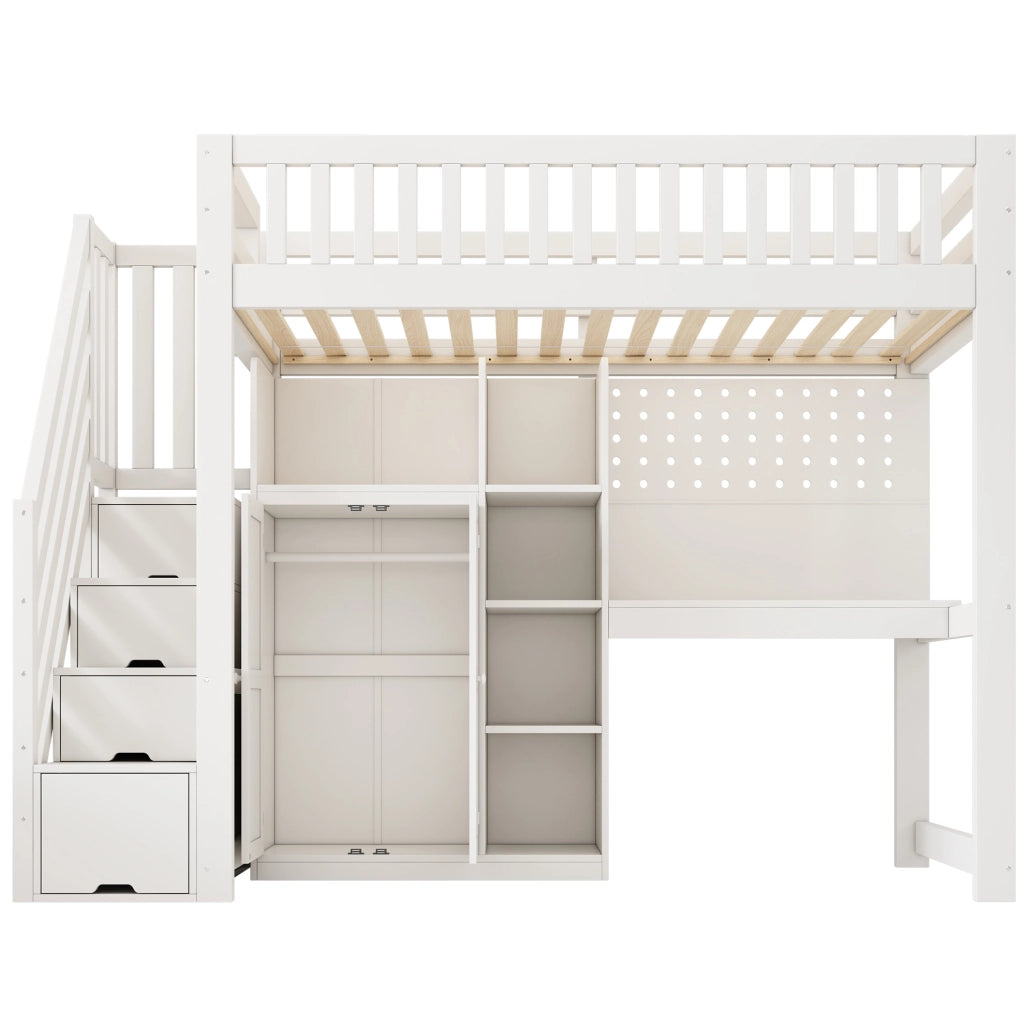 Letto a soppalco bianco 90x200 cm in legno con scrivania; armadio; ripiani e prese USB