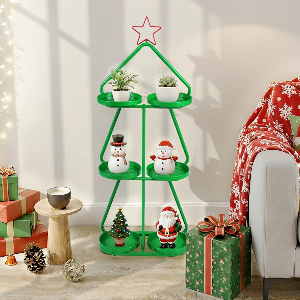 Supporto per piante di natale a forma di alberocon stella rossa e vassoi per stoccaggio, Supporto per decorazioni festive