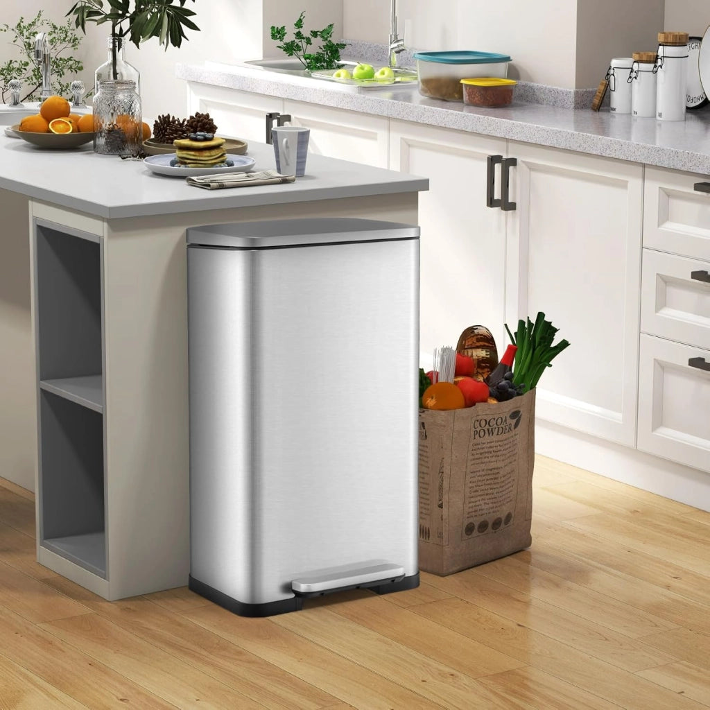 Set di 2 Bidoni per Cucina, 40 L + 6 L, con Coperchio e Pedale per Pedale, Pattumiera a Pedale con Secchio Interno Rimovibile, in Acciaio Inox