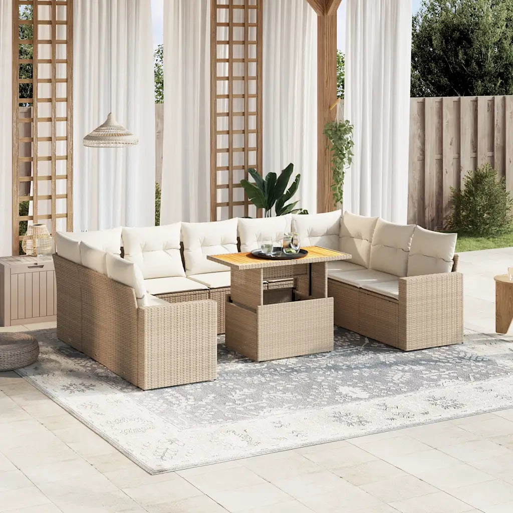 Set Divano da Giardino 10 pz con Cuscini Beige in Polyrattan