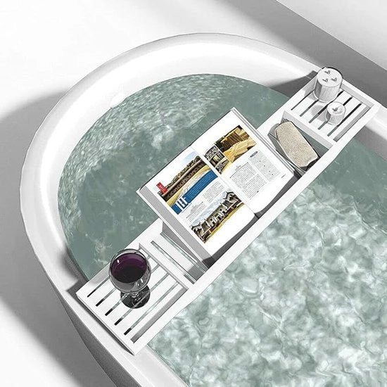 Bambù estensore per bagno - 70 cm lungo - Bagno - Pianale bagno - Ponte bagno - In legno - Tavolo bagno - Colore: Bianco