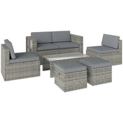 Set 6 Pezzi da Esterno con Divano 2 Sedie Tavolino con Piano in Vetro e 2 Pouf in Rattan Grigio Scuro