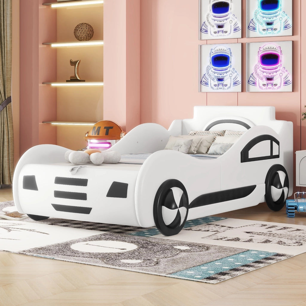 OKWISH Letto Bambini 90×200 cm, Letto Singolo con Contenitore, Design Auto, senza Materasso, in PU e MDF, Bianco