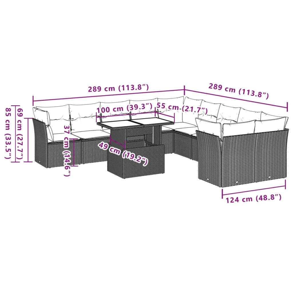 vidaXL Set Divani da Giardino 11 pz con Cuscini in Polyrattan Grigio