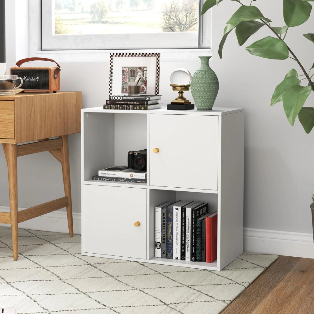 Libreria a 4 Cubi, Scaffale a 3 Piani con Doppio Kit Anti-Ribaltamento e 2 Armadietti, Organizzatore da Terra in Legno per Ufficio, Soggiorno e Camera da Letto, 60 x 29 x 60 cm