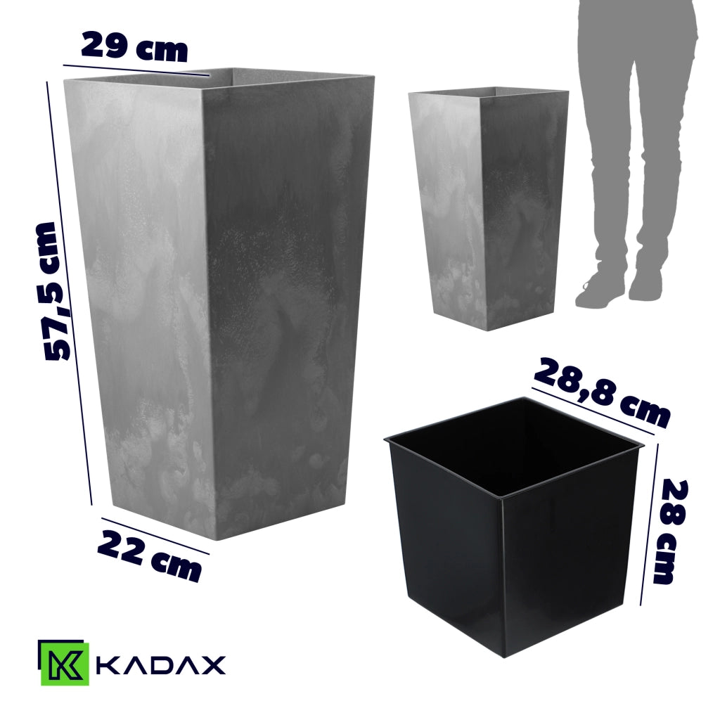 Vaso da fiori KADAX da giardino, 57 cm con inserto, alto, per aiuola, grigio, per terrazzo o balcone.