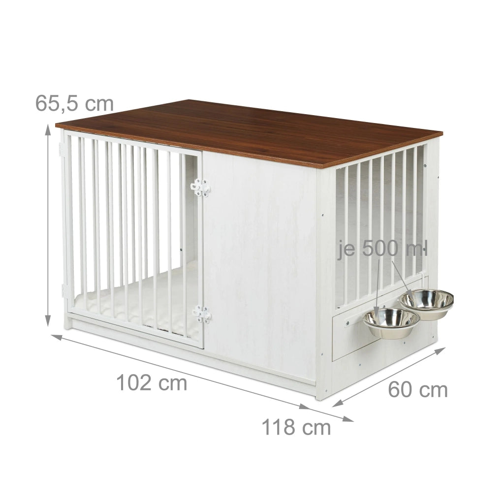 Gabbia per cani con 2 ciotole girevoli soggiorno corridoio 65,5 x 102 x 60 cm design rustico in MDF marrone 13_0017157