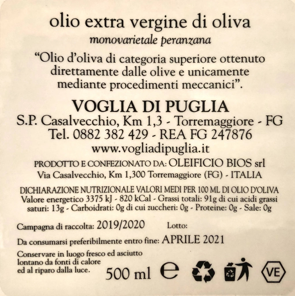 Olio extravergine d'oliva di peranzana 3 confezioni da 500 ml