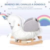 Cavallo a Dondolo per Bambini a Forma di Cigno, Dondolo Giocattolo Cavalcabile per Bambini 18-36 Mesi (Max 40kg), in Legno di Pioppo e Peluche, Bianco e Grigio