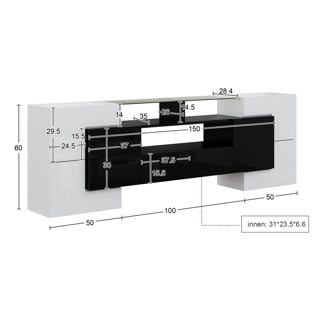 Mobile TV 200 cm bianco e nero lucido con LED, 6 ante e 2 cassetti