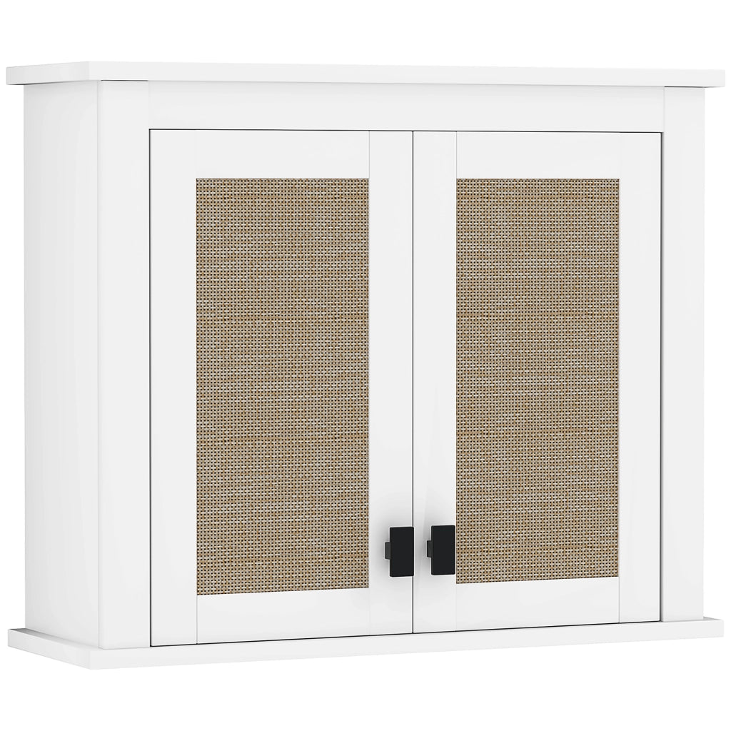 Armadietto Sospeso per Bagno con Ante in Rattan e Ripiano Regolabile ¨C Minimal ¨C 60x19,5x49,4 cm Bianco