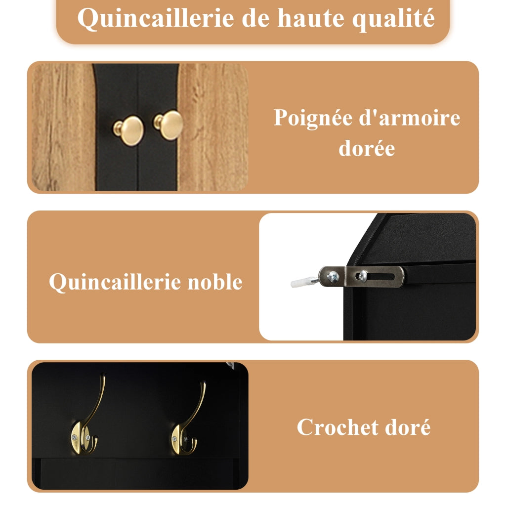 Mobile d'ingresso con 2 Ante; 3 Ripiani Aperti; Ganci e LED USB; Stile Nordico; in MDF; Nero; 150??40??195 cm