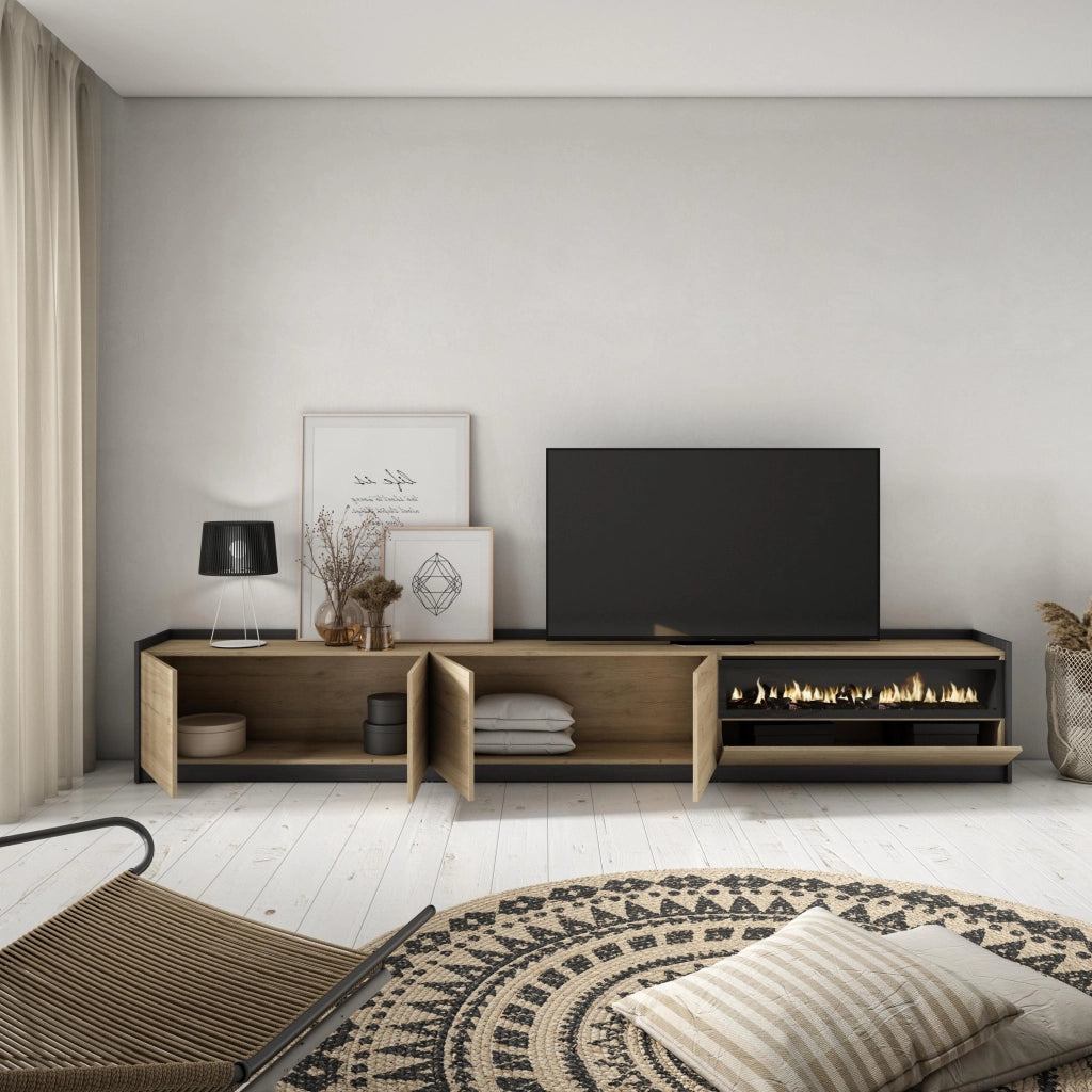 Mobile TV Soggiorno, 310x50x37 cm, Per TV fino a 80", Camino elettrico, Rovere e nero