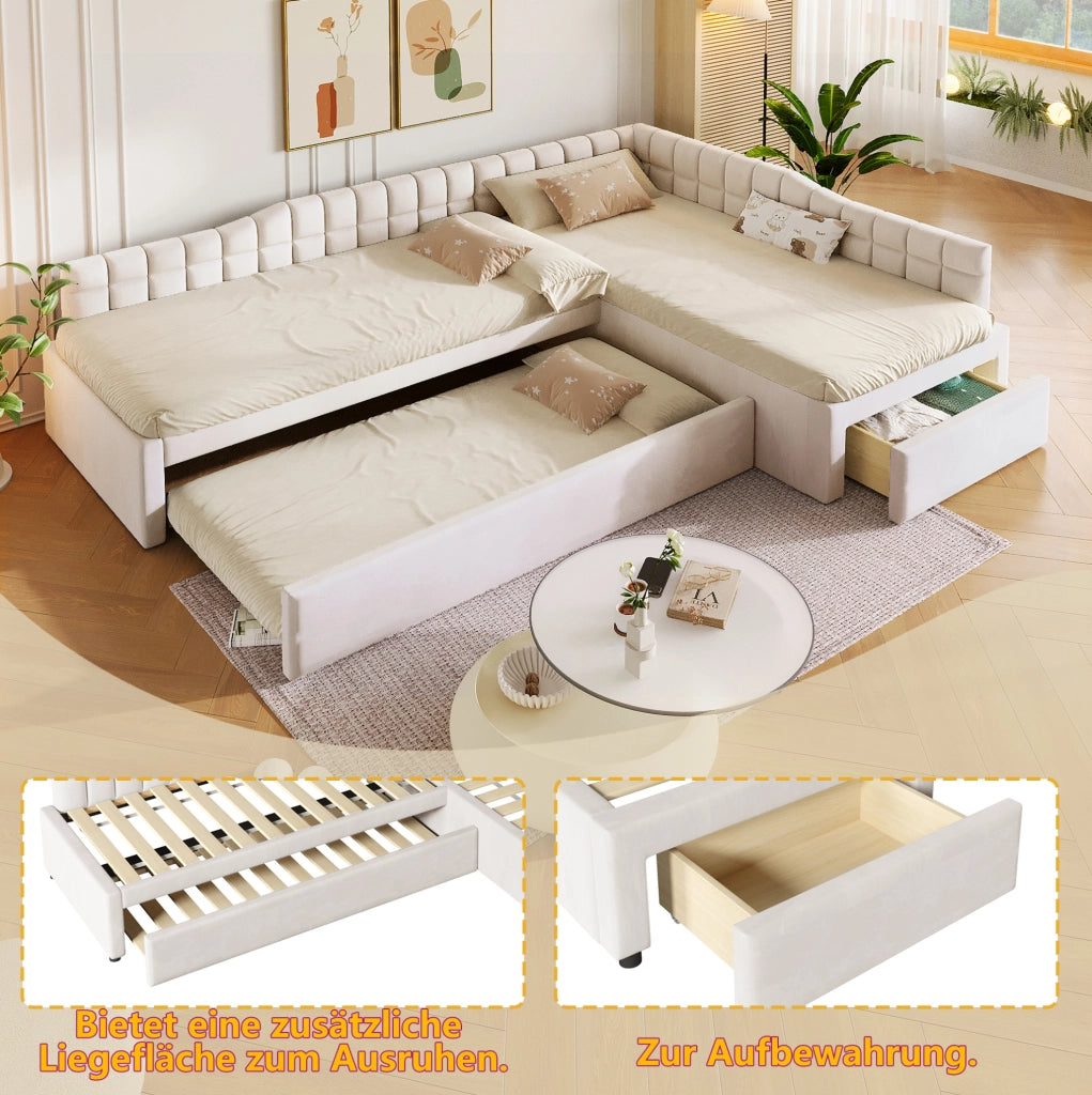 Letto a L 90x200 cm con letto estraibile e cassetti in flanella beige