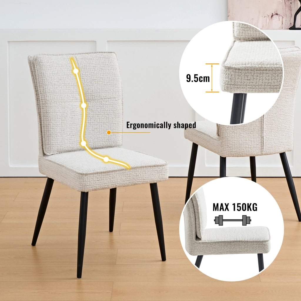 Sedia da Pranzo Set di 2 con Schienale Imbottito e Gambe in Metallo in Ciniglia Bianco Crema