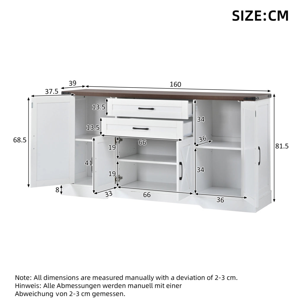Sideboard bianco con 4 ante e 2 cassetti, piano di appoggio 160 cm