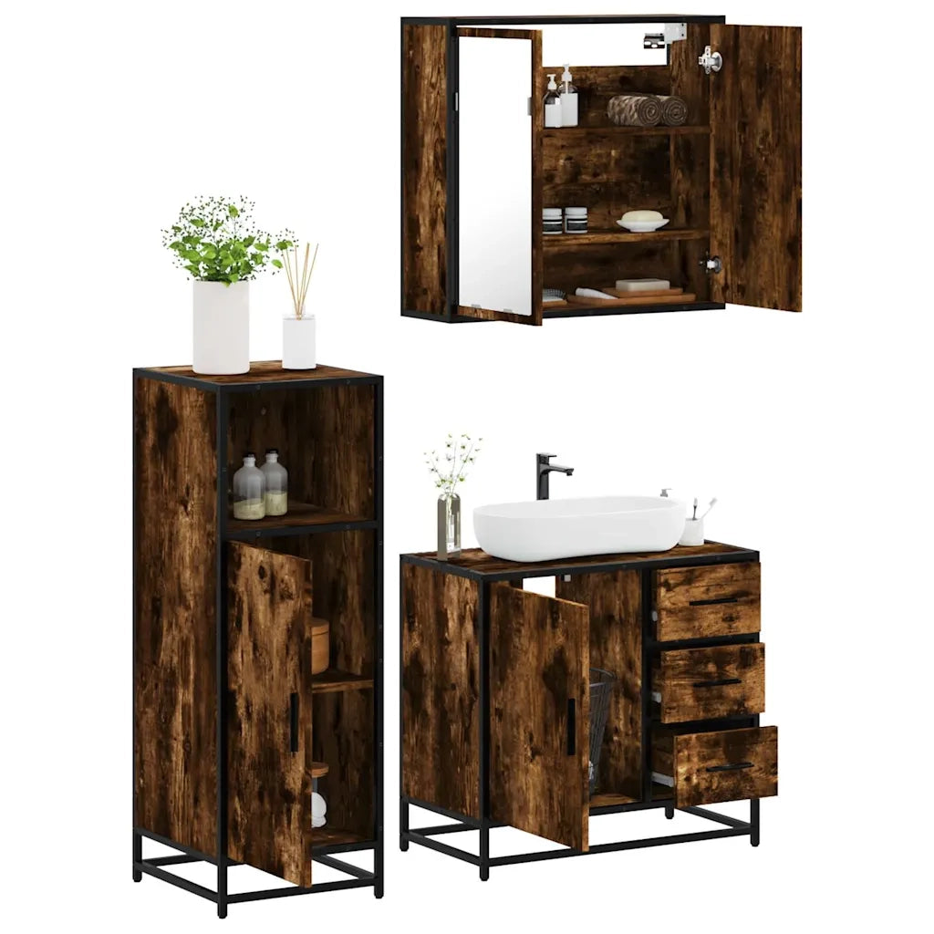 Set Mobili da Bagno 3 pz Rovere Fumo in Legno Multistrato 3300957
